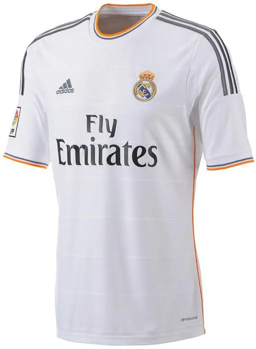 Camisa Retrô Real Madrid I 13/14 - Masculina Adidas - Branca com detalhes em laranja e cinza